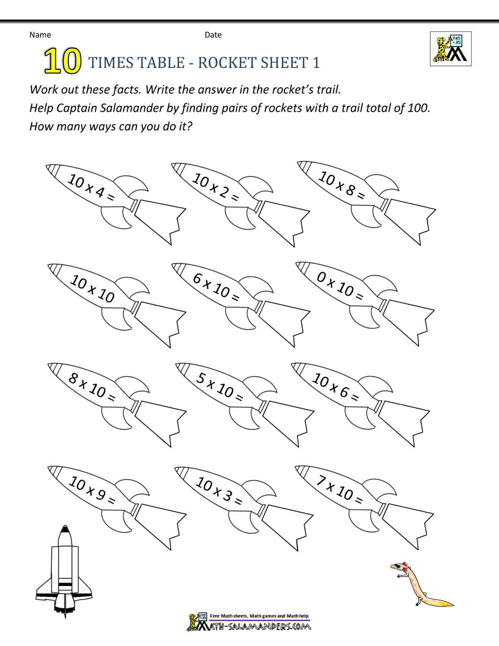 10 Times Table Worksheet Page