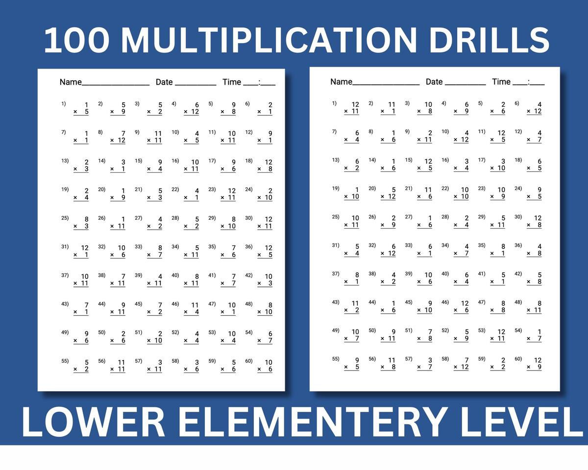 100 Multiplication Drills Worksheets Math Facts 1 12 Printable PDF Etsy