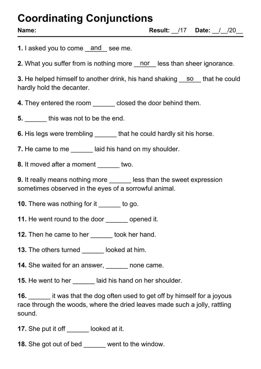 Conjunctions Worksheet Includes Key