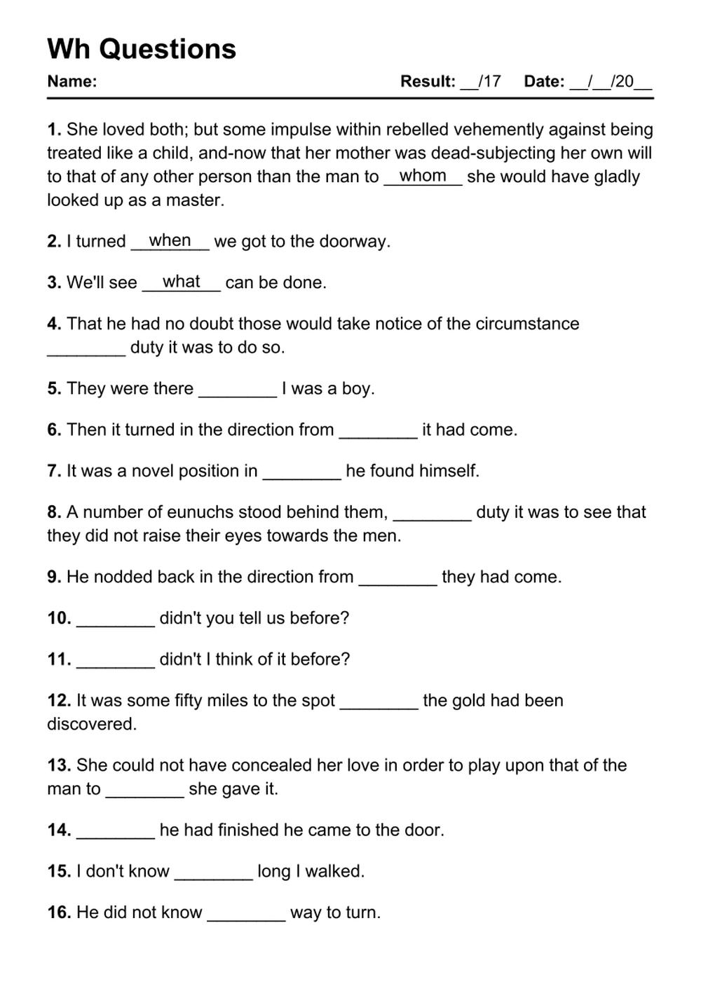 Free Printable Question Words Worksheet