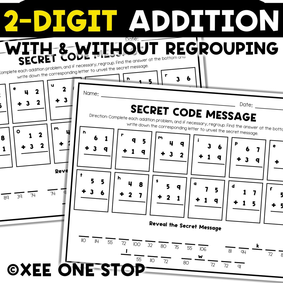 2 Digit Addition With And Without Regrouping Motivational Secret Code Message Made By Teachers