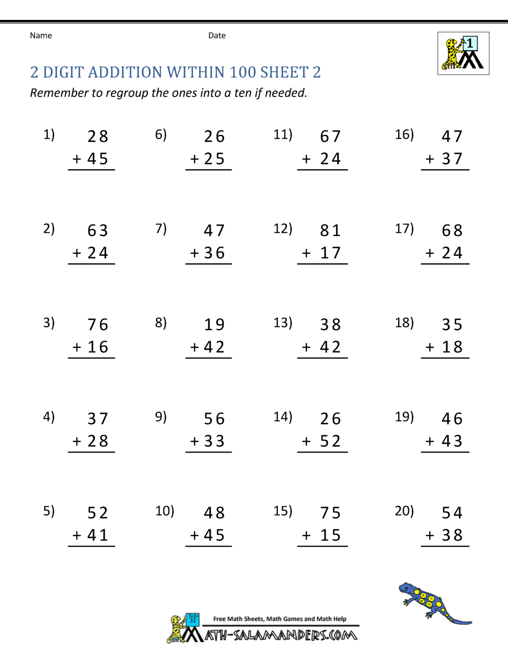 2 Digit Addition Worksheets