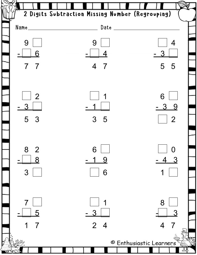 2 Digit Subtraction With Borrowing Missing Numbers Worksheets Missing Minuend Subtrahend Or Diff Teaching Resources 2 Digit Subtraction With Borrowing Missing Numbers Worksheets Missing Minuend Subtrahend Or Diff Teaching Resources