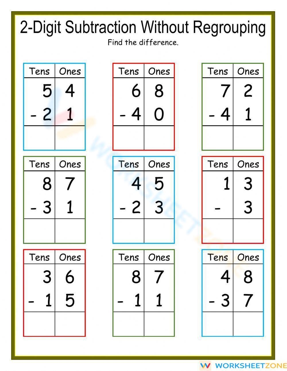 2 Digit Subtraction Without Regrouping DJ Worksheet