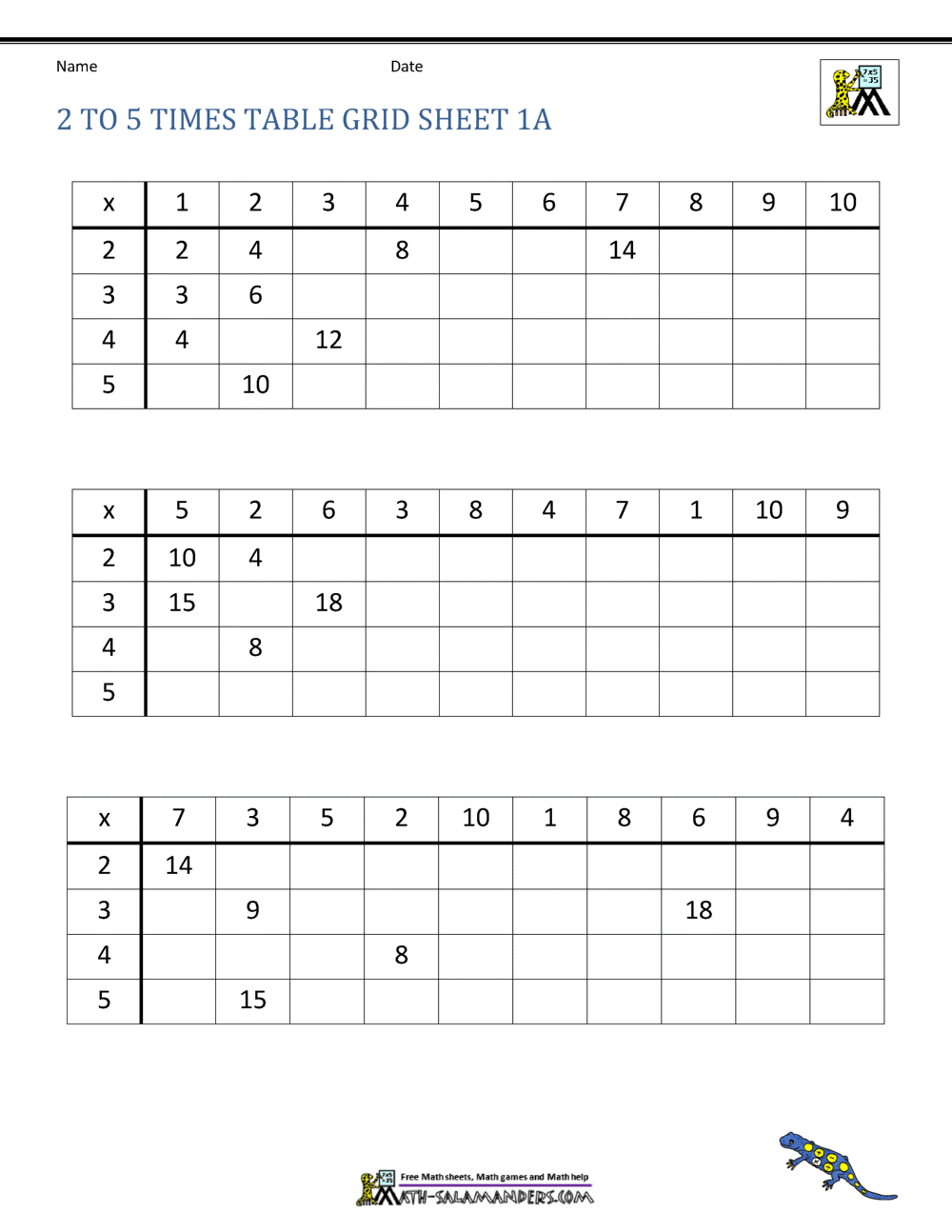 2 To 5 Table Worksheet Collection