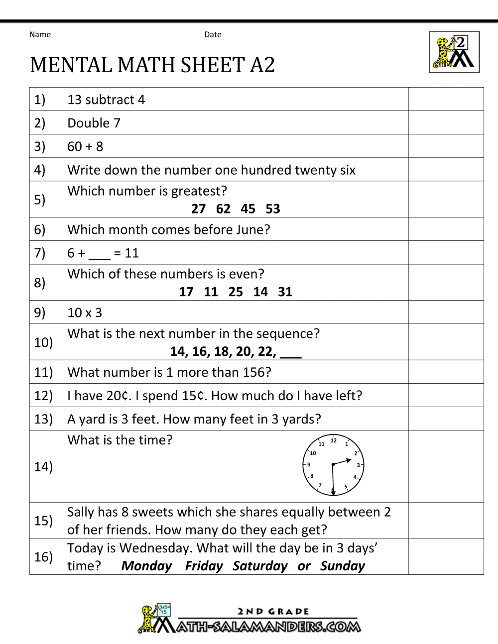 2nd Grade Mental Math Worksheets Addition Subtraction Multiplication Division 2nd Grade Mental Math Worksheets