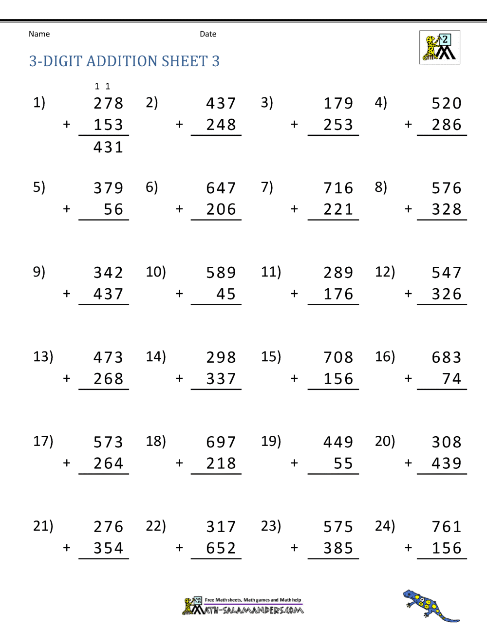 3 Digit Addition Worksheets Superstar Worksheets