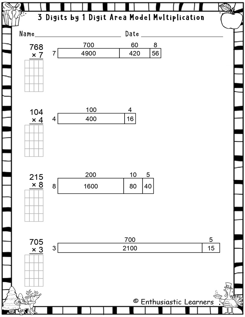 3 Digit By 1 Digit Area Model Multiplication Worksheets Math Problems Teaching Resources