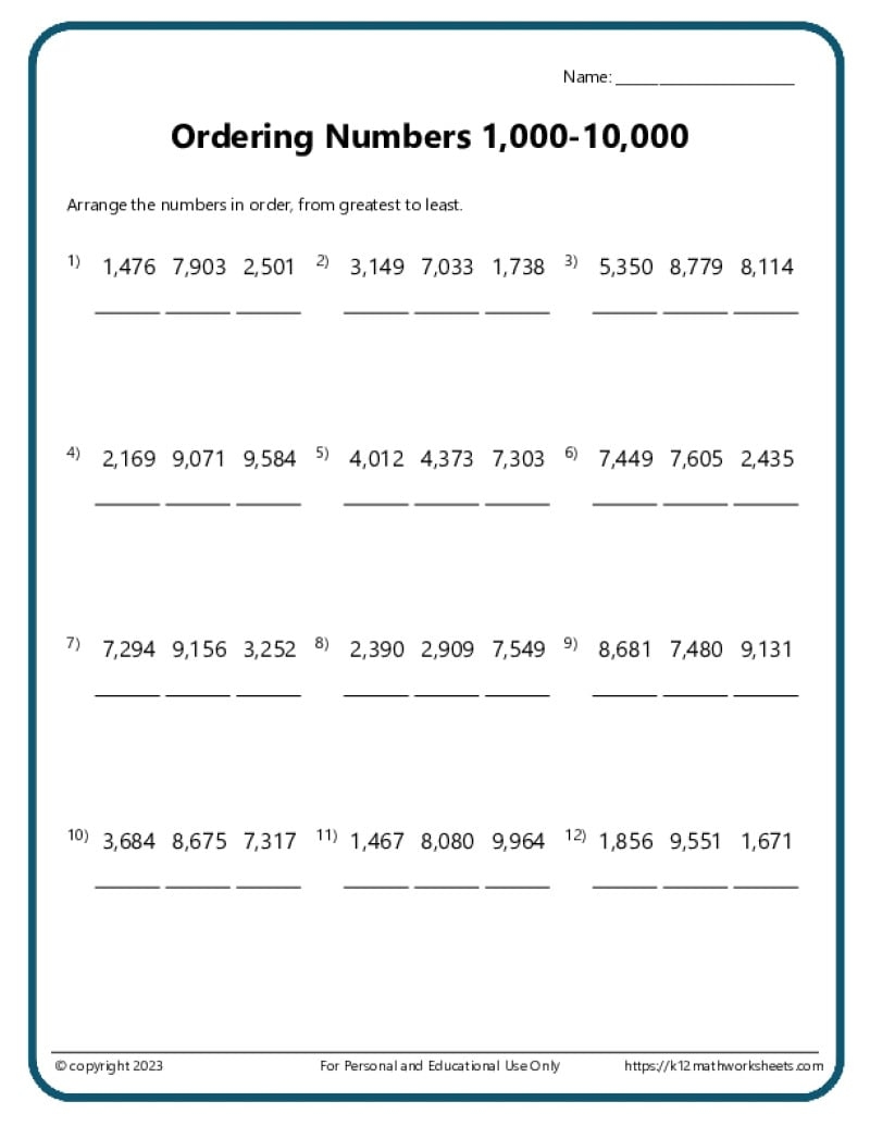 3rd Grade Comparing And Ordering Numbers Multiplication Drill Sheets 3rd Grade