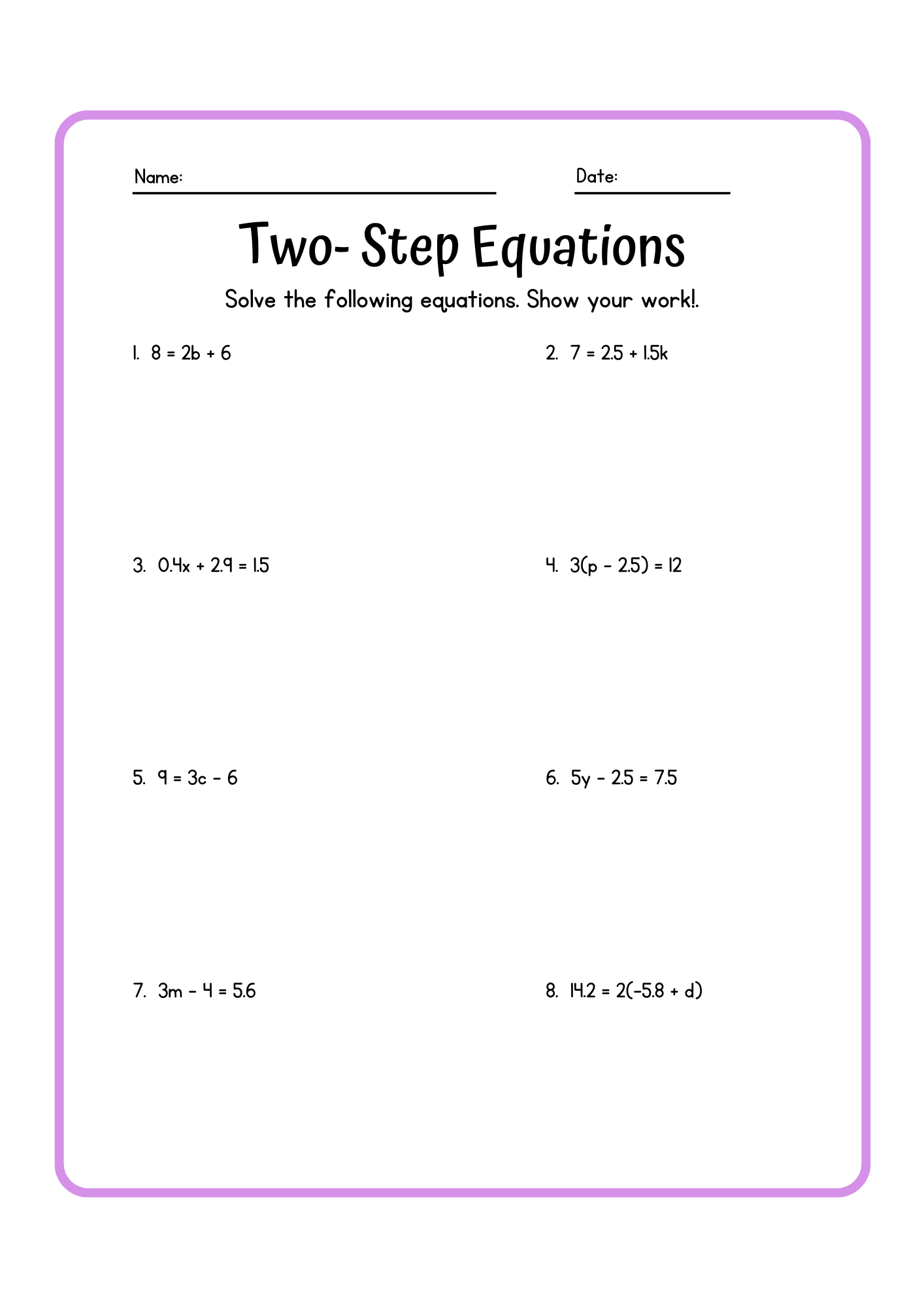 Pre Algebra Equations Two Step Equations Containing Integers Worksheets Made By Teachers