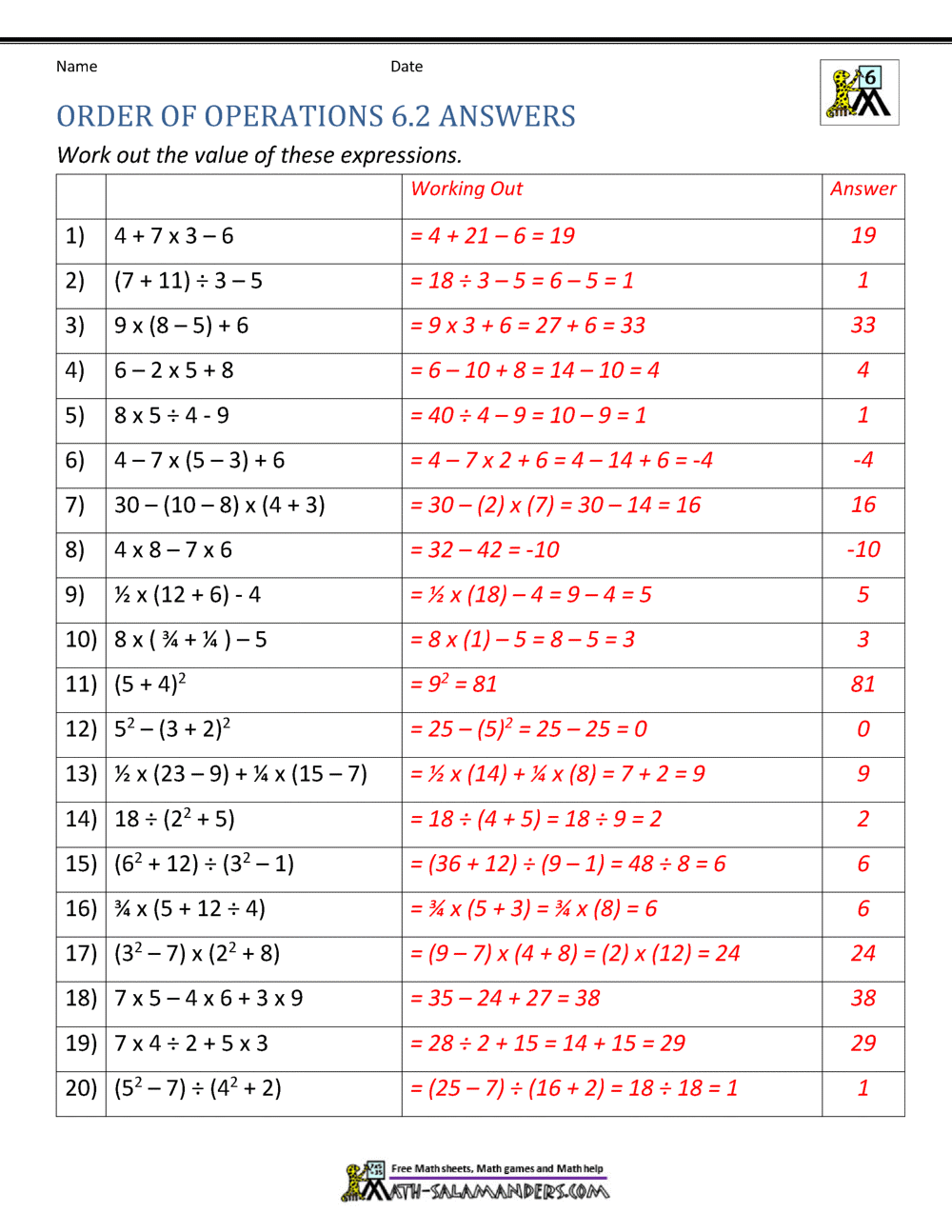 6th Grade Order Of Operations Worksheets 6th Grade Algebra Worksheets