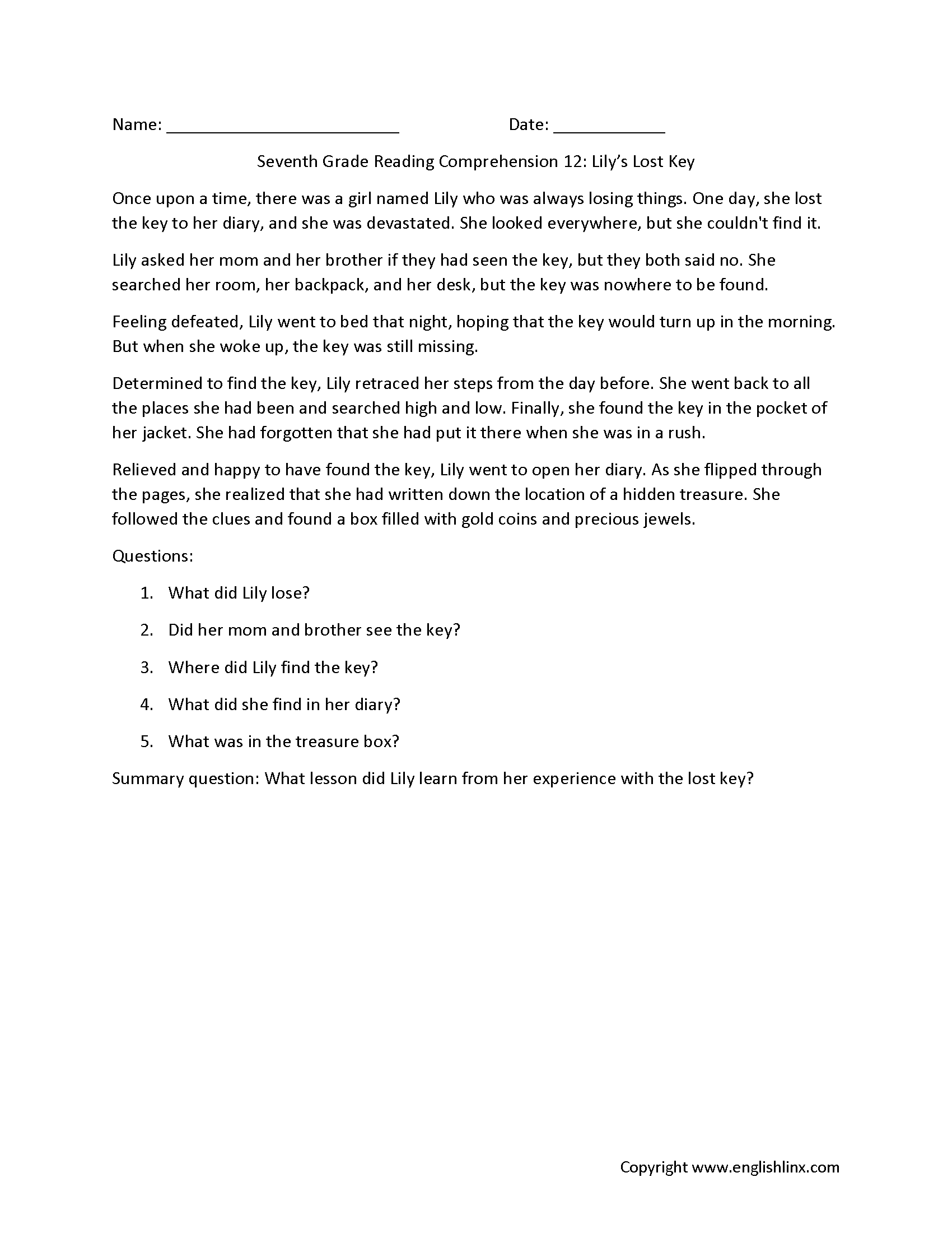 7th Grade Reading Comprehension Worksheets Printable Passages Questions Reading Comprehension Worksheets Online Or Printable
