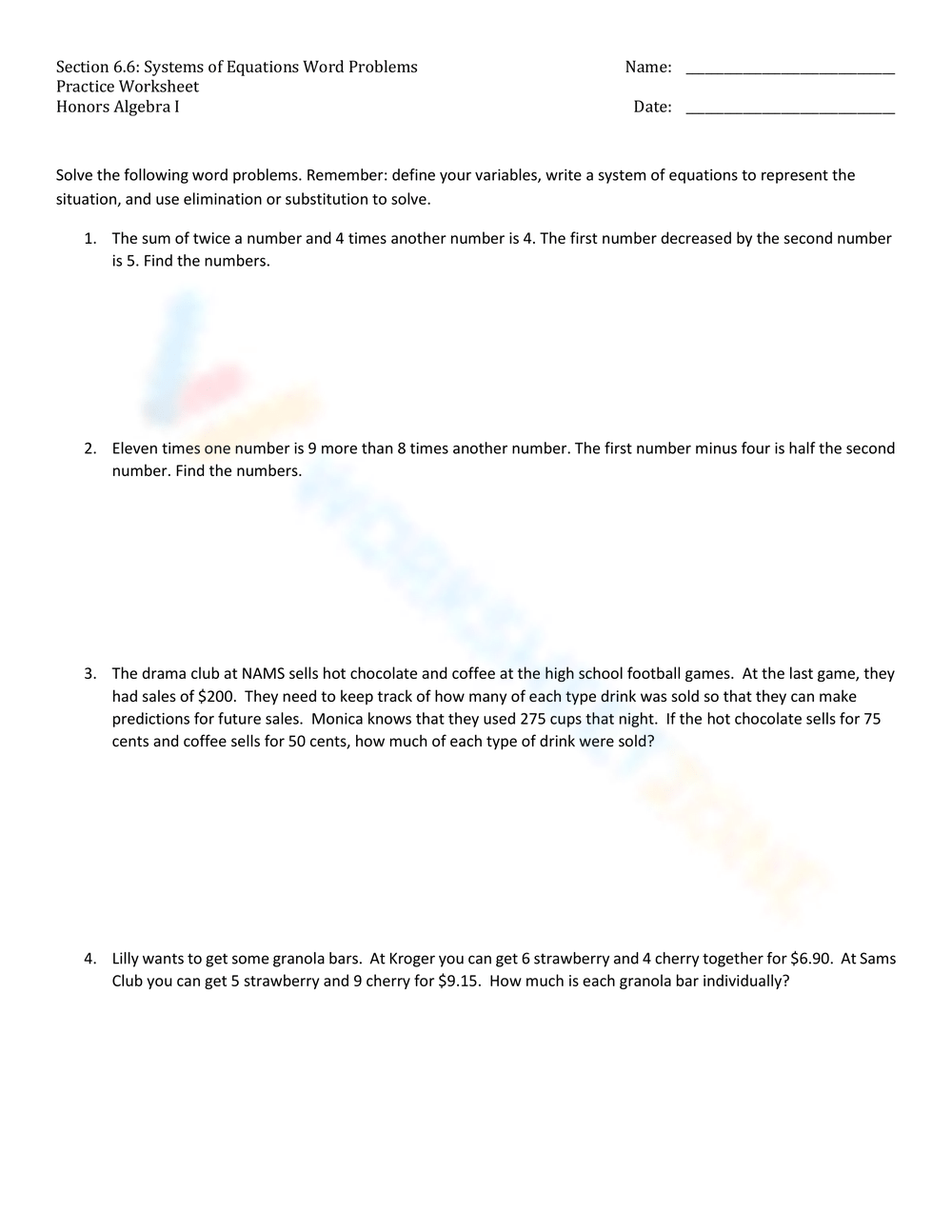 8th Grade Systems Of Equations Word Problems Worksheets