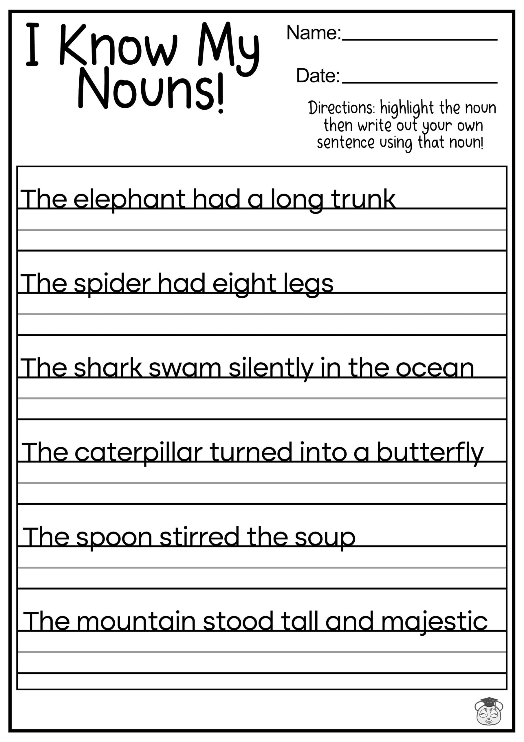 9 Printable Noun Highlighting Sentence Building English Worksheets Ages 4 7 KG1 To Grade 2 Etsy