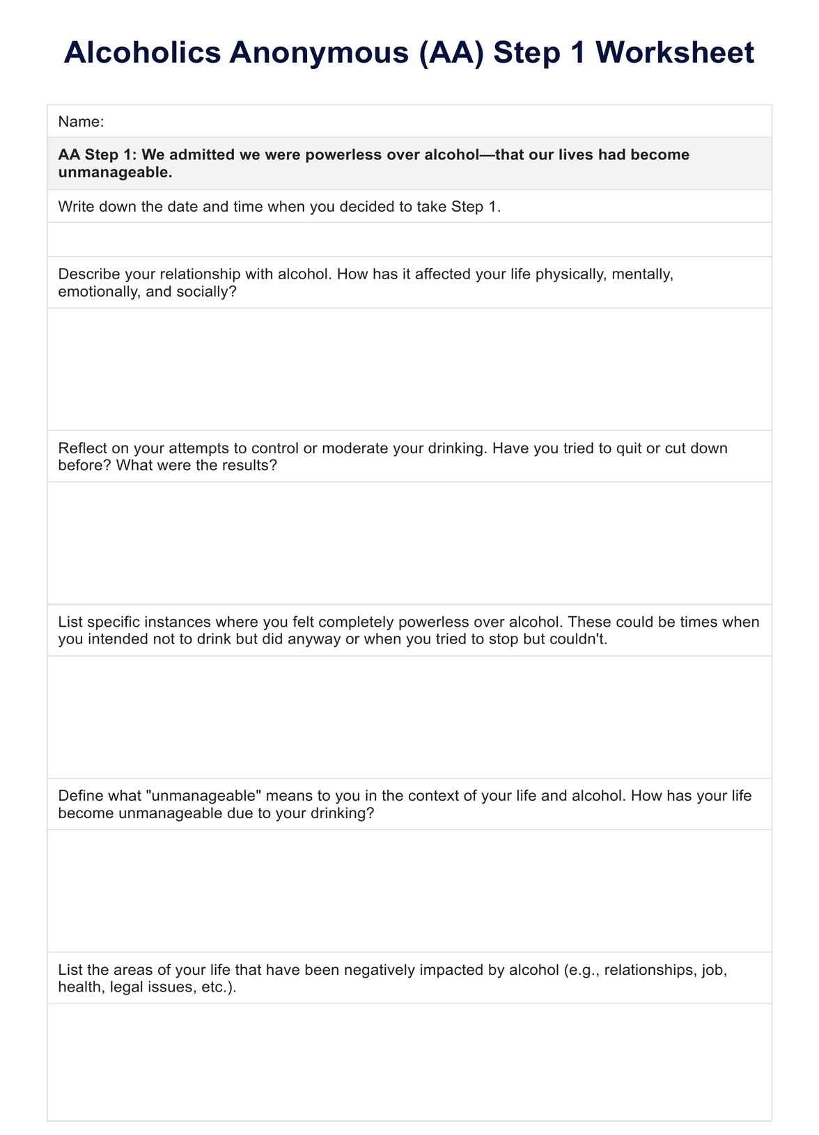 AA Step 1 Worksheets