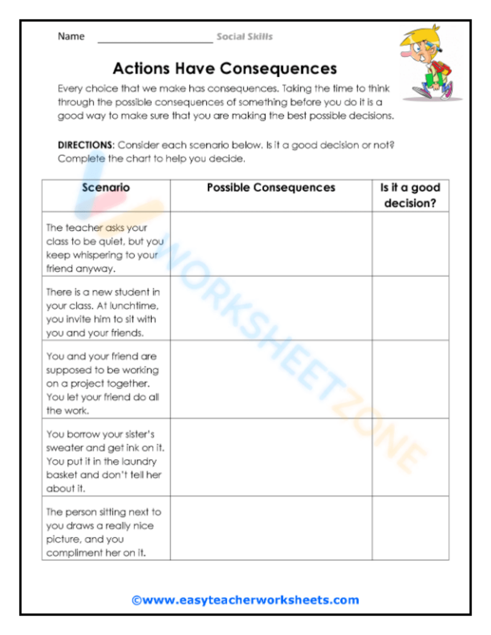 Actions Have Consequences Worksheet