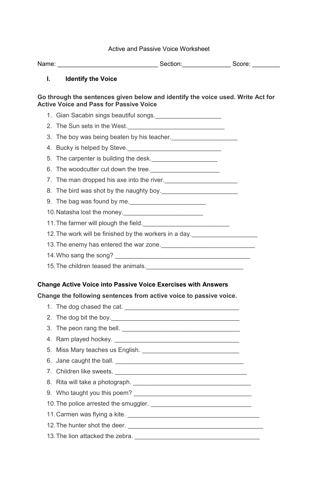 Active And Passive Voice Worksheet Active And Passive Voice Worksheet