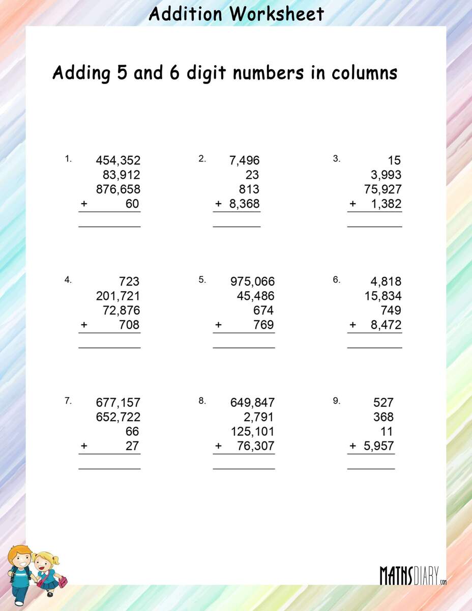 Adding 5 And 6 Digit Numbers In Columns Worksheets Math Worksheets Library