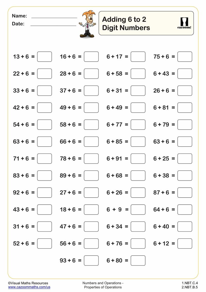 Adding 6 To 2 Digit Numbers 50 Questions Fun And Engaging 1st Grade PDF Worksheets Cazoom Math