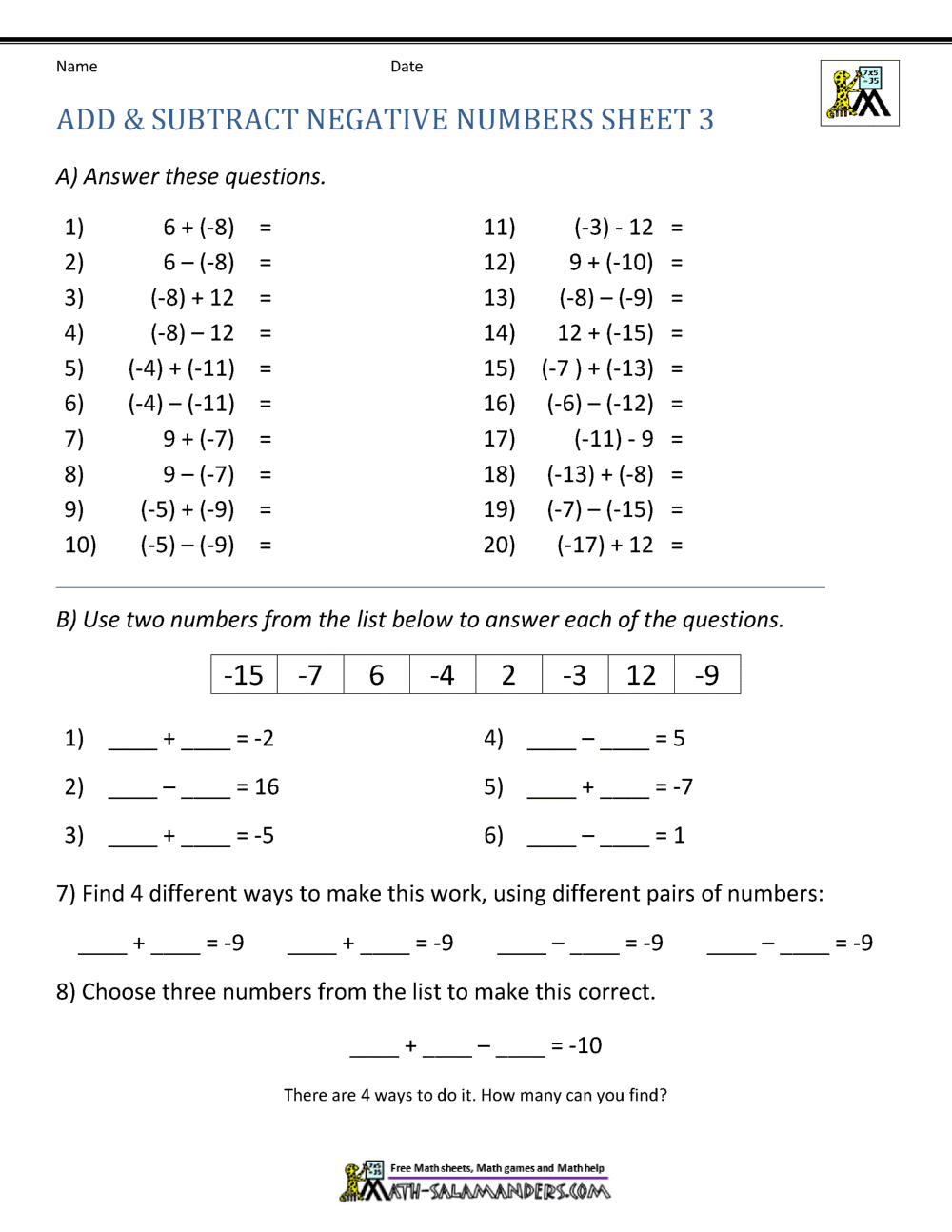 Adding And Subtracting Positive And Negative Numbers Practice Sheet B By Teach Simple