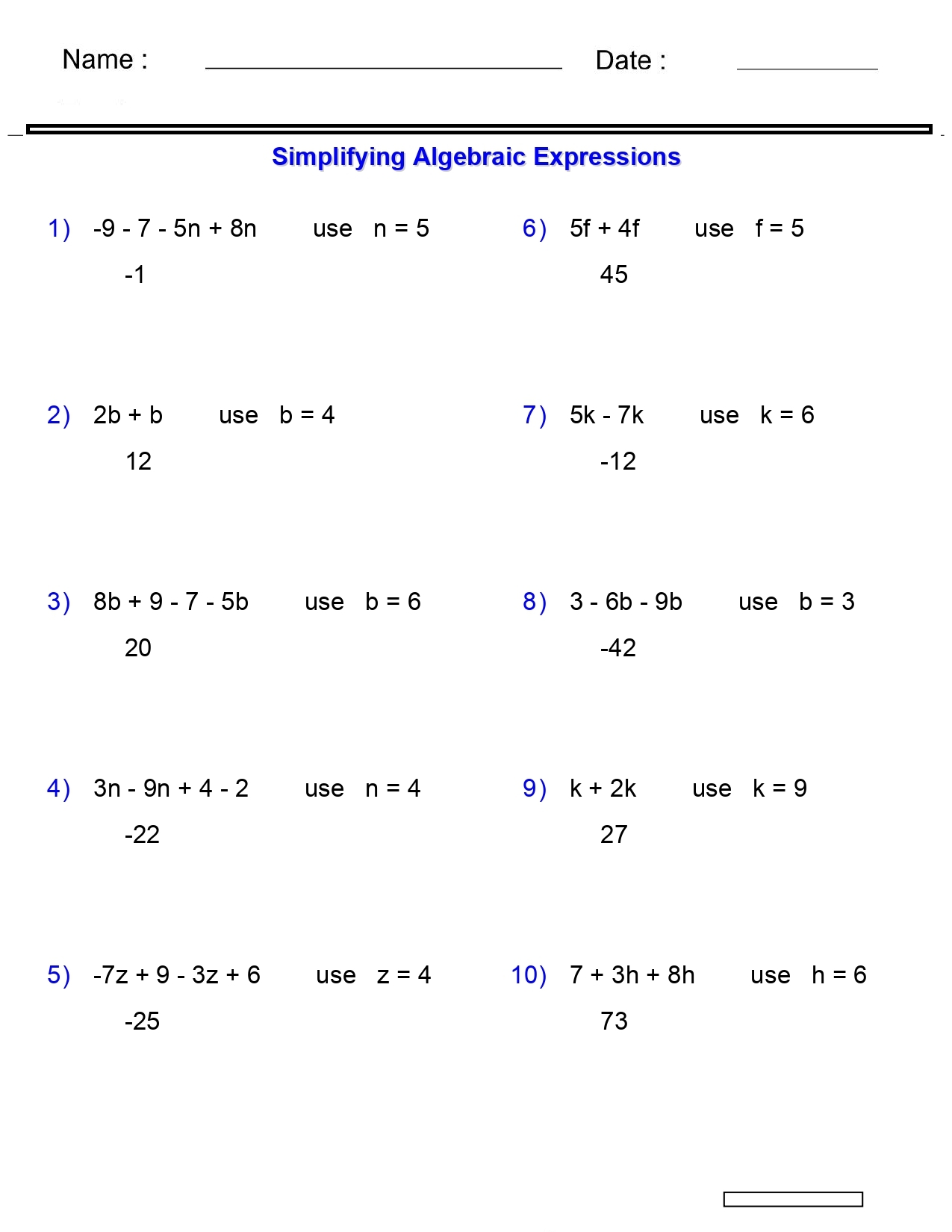 Algebraic Expressions Worksheets Evaluating One Variable Worksheets 2 Terms Made By Teachers