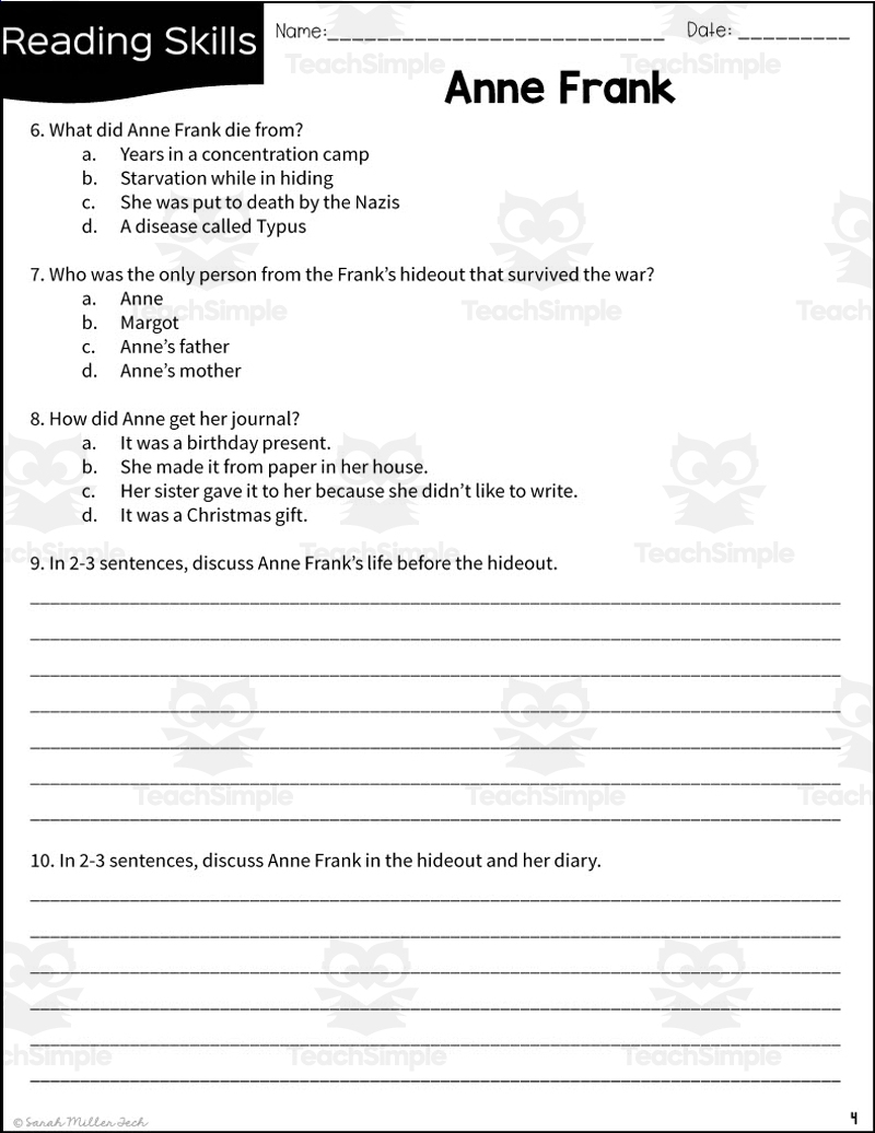 Anne Frank Reading Packet By Teach Simple Anne Frank Reading Packet By Teach Simple