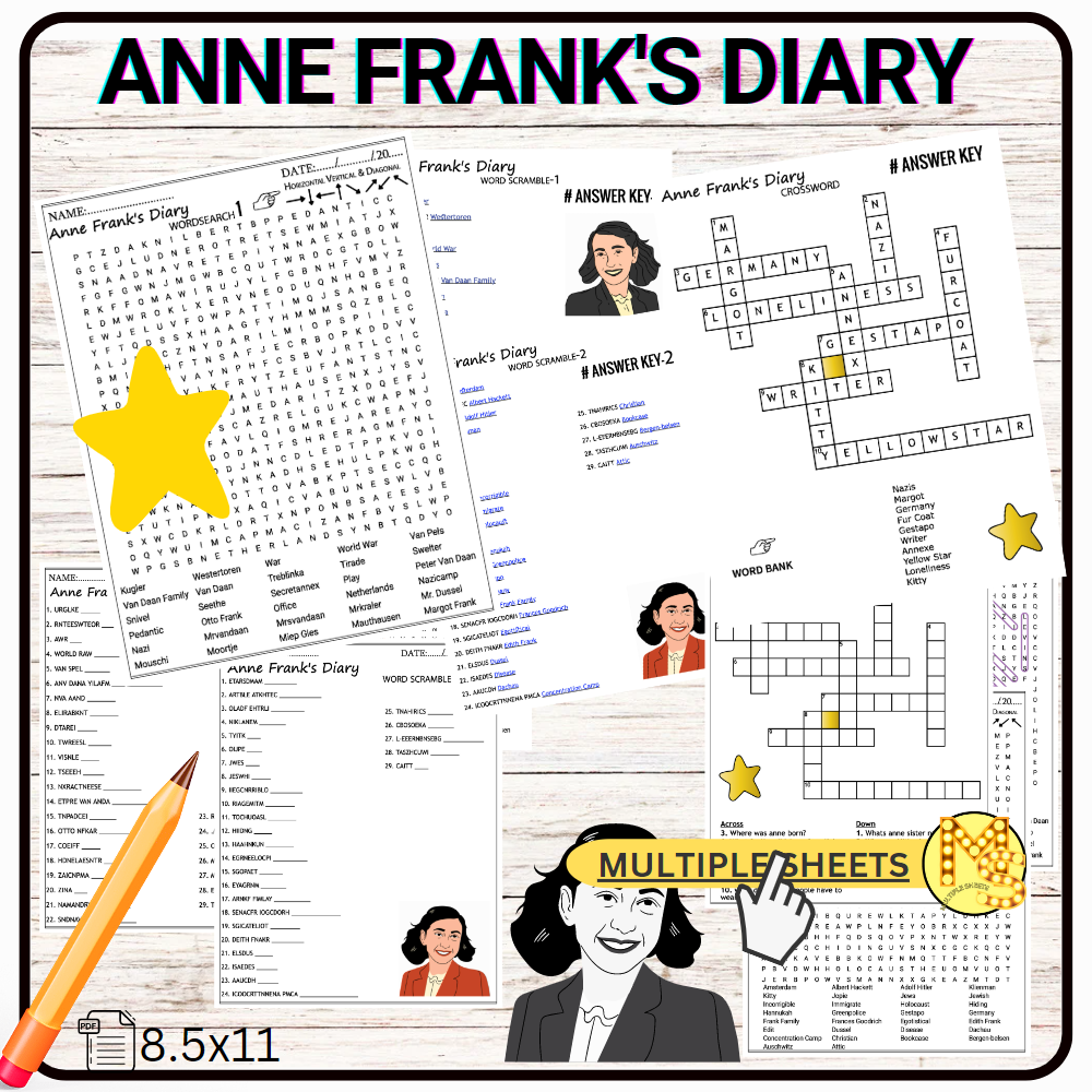 Anne Frank S Diary Novel Worksheets Crossword Word Scramble Wordsearch Quiz Made By Teachers Anne Frank S Diary Novel Worksheets Crossword Word Scramble Wordsearch Quiz Made By Teachers