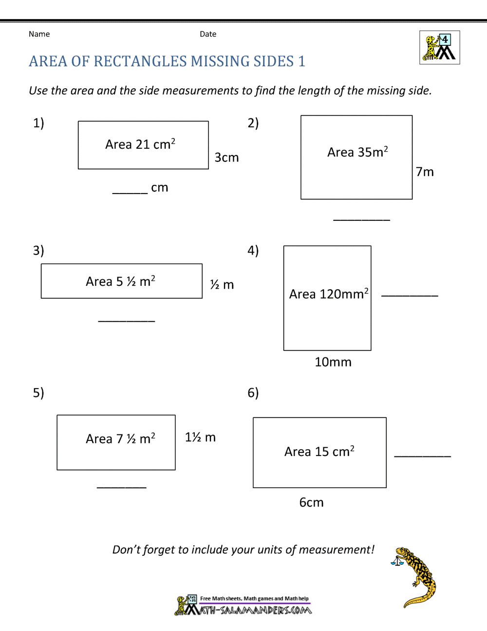 Area Of Rectangle Worksheets