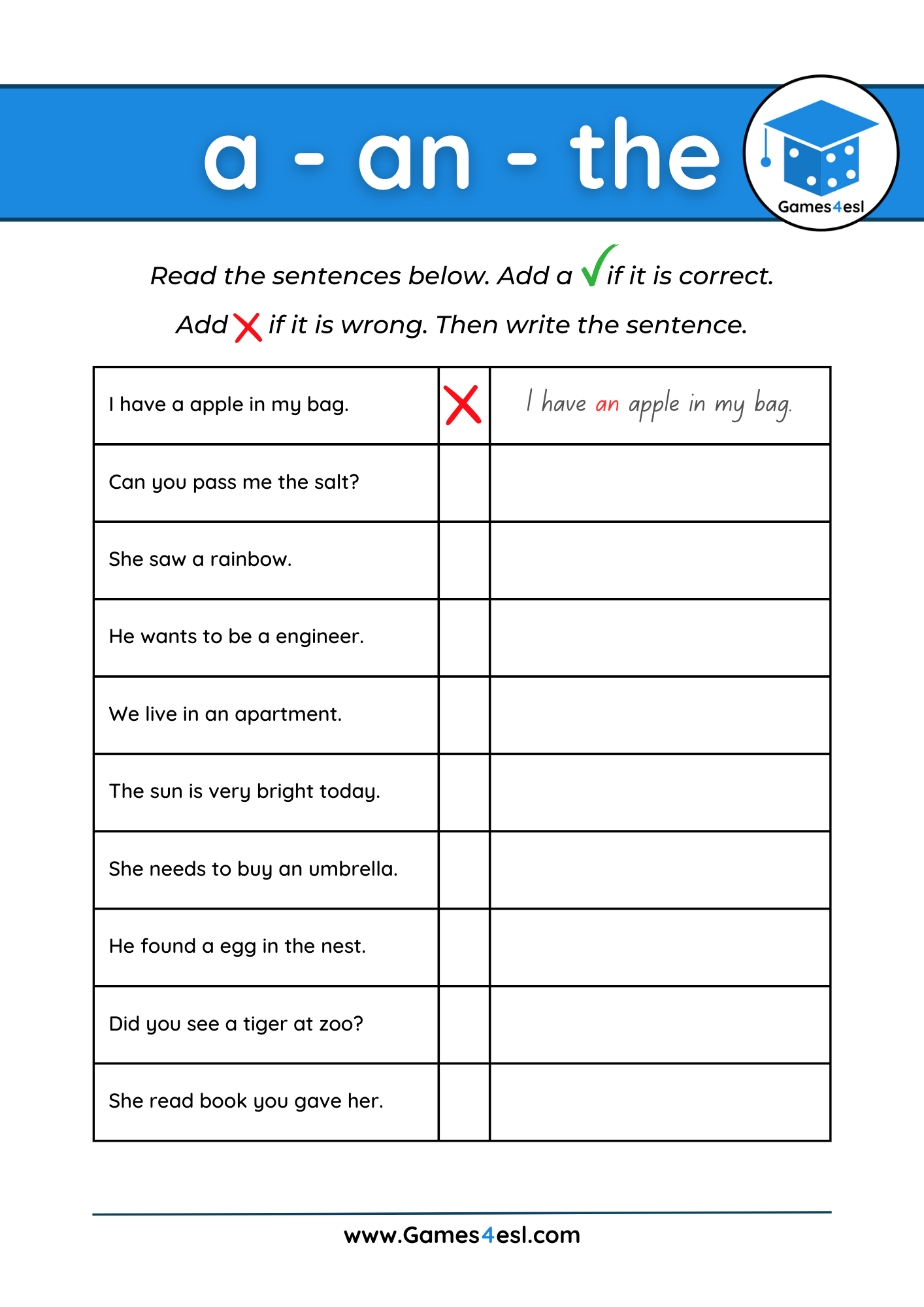 Articles A An The Free Worksheets Games4esl