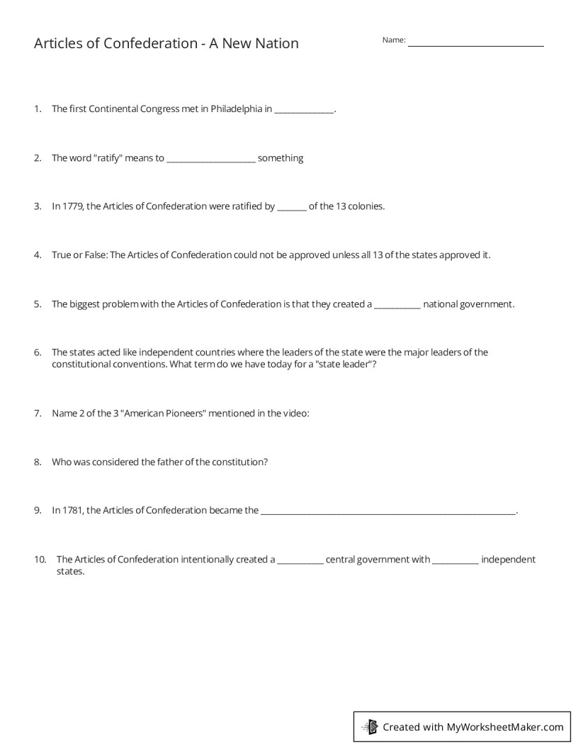 Articles Of Confederation A New Nation My Worksheet Maker Create Your Own Worksheets