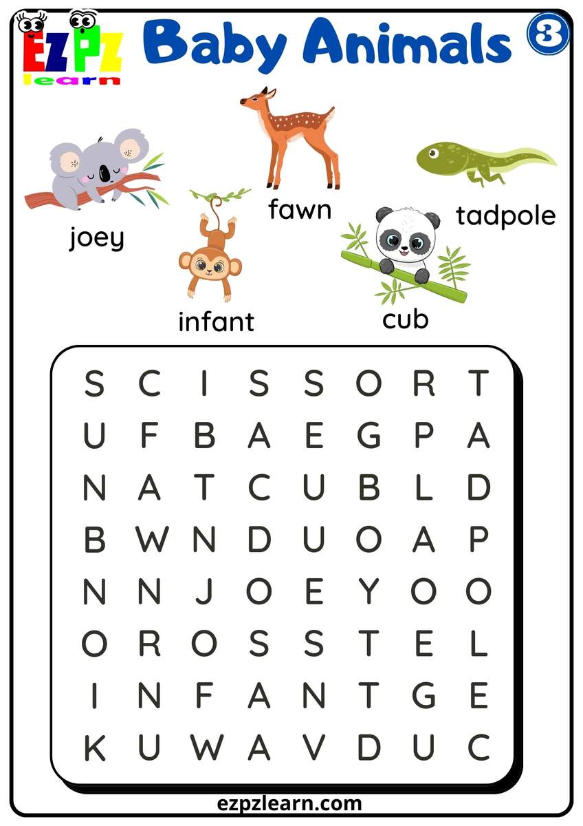 Baby Animals Vocabulary Word Search Worksheet For English Language Learners Preschool And Kindergarten Students Free Download 3 Ezpzlearn