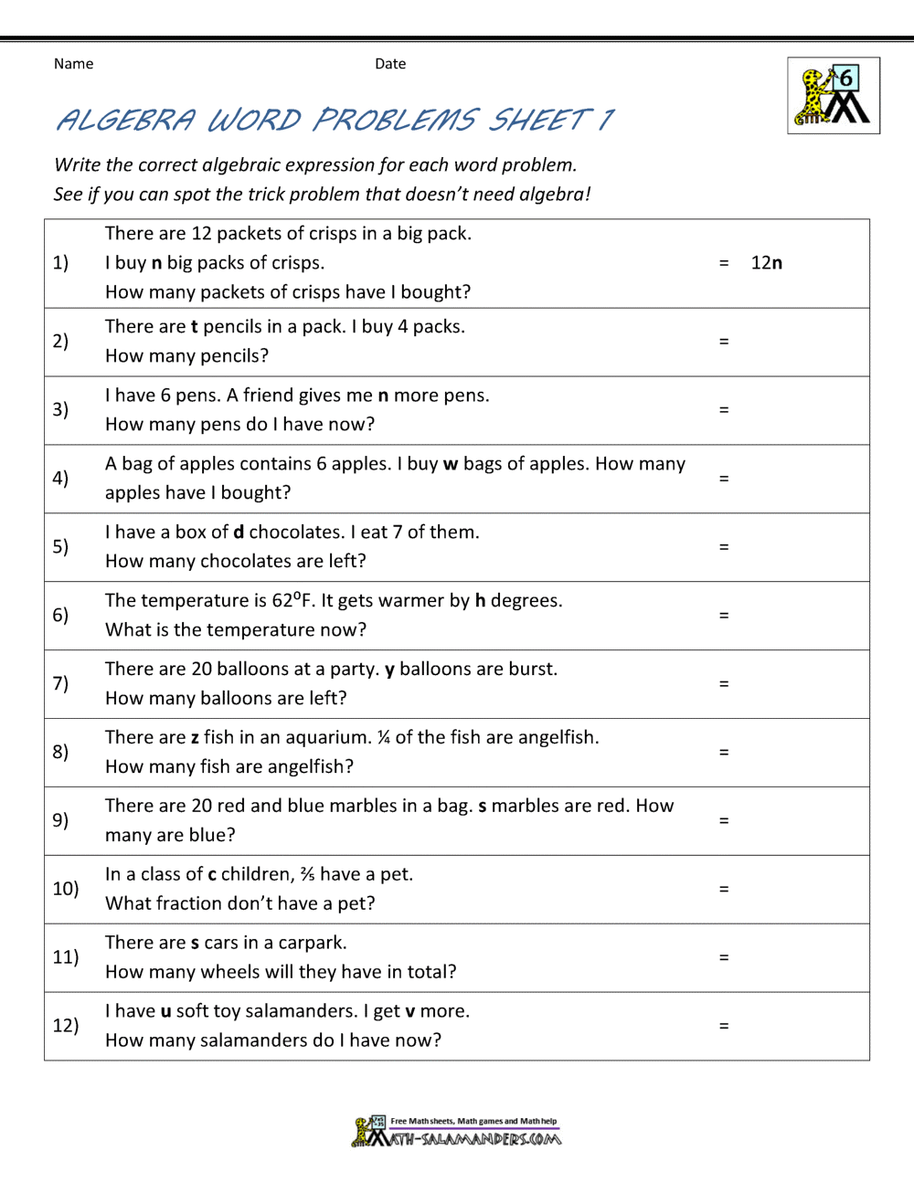 Basic Algebra Worksheets Algebraic Expressions And Word Problems Examples Solutions Videos Worksheets Games Activities