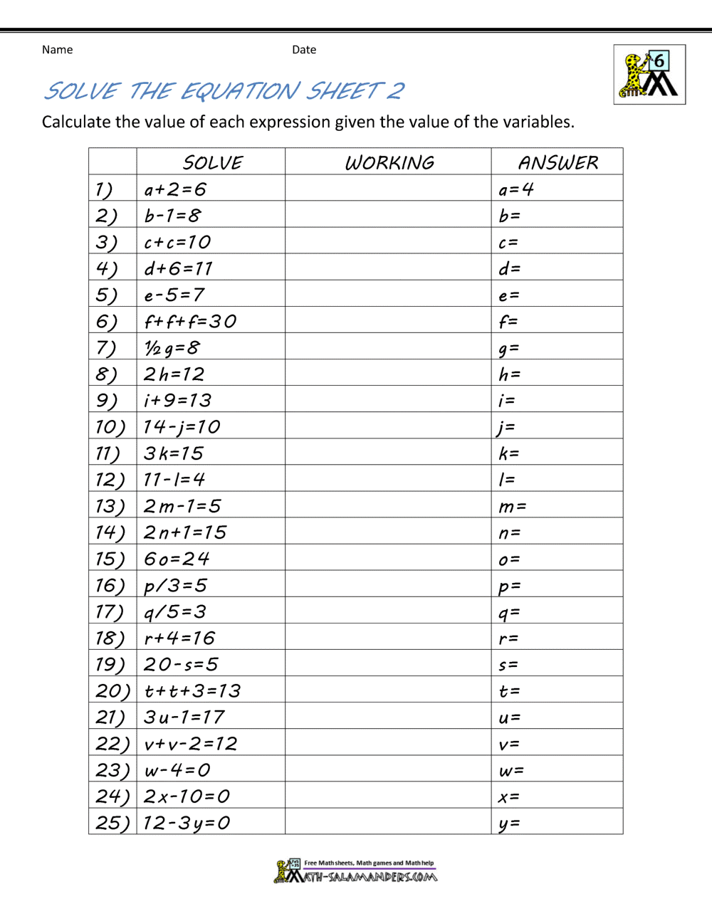 Free Printable Algebra 2 Practice Worksheet