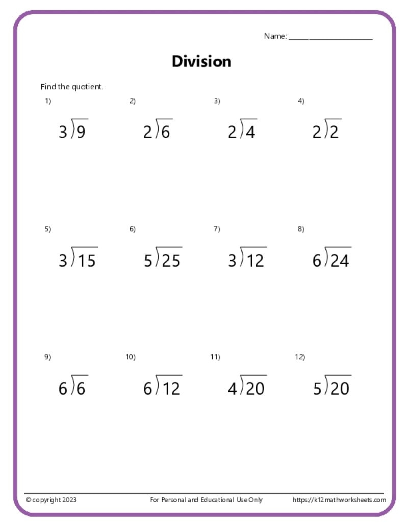 Division Worksheets 3rd Grade