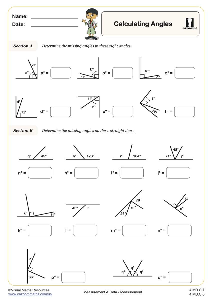 Calculating Angles A 4th Grade PDF Measurement And Data Worksheets Cazoom Math Calculating Angles B With Clues Worksheet PDF Printable Geometry Worksheet Cazoom Math