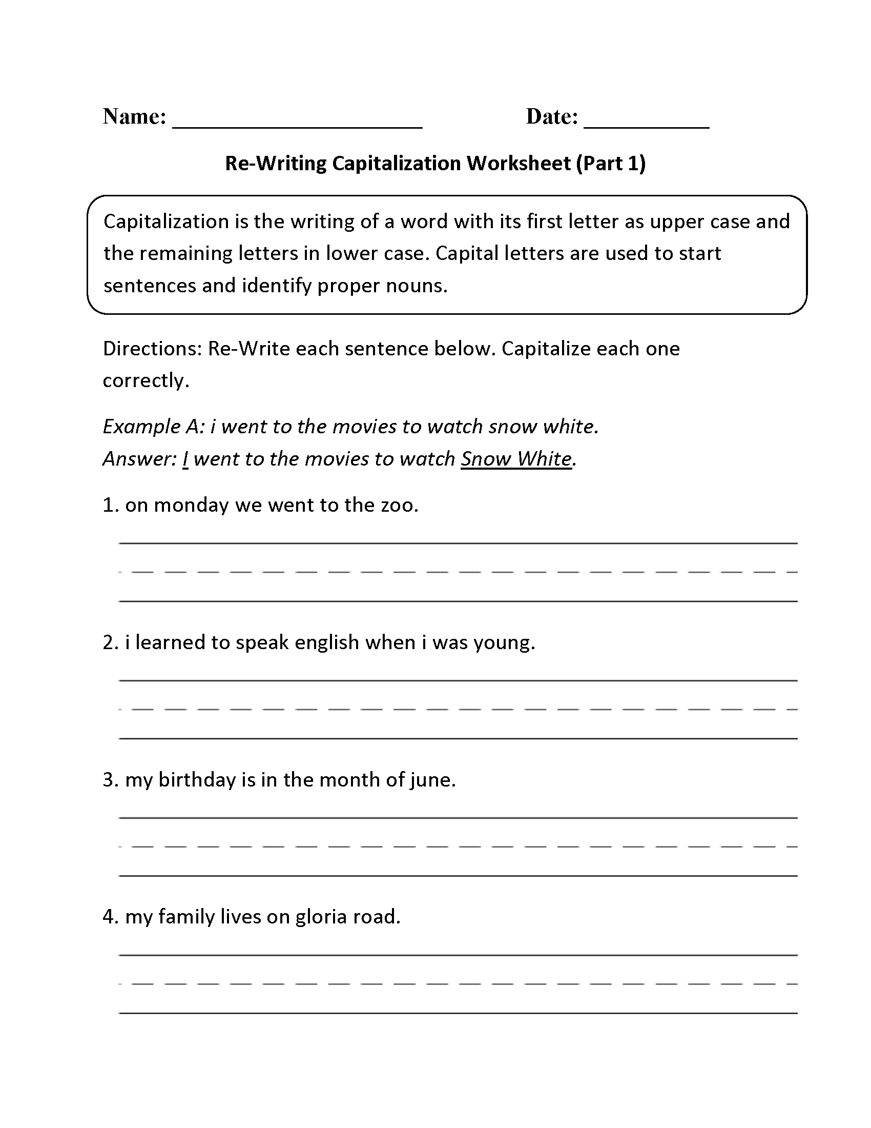 Capital Letters Days Sentences Worksheet Have Fun Teaching