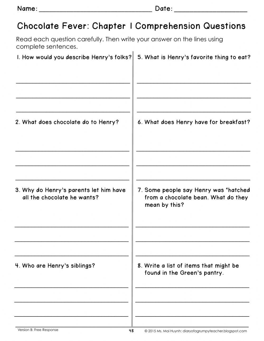 Chocolate Fever Novel Study Unit Comprehension And Vocabulary With Activities And Tests Made By Teachers