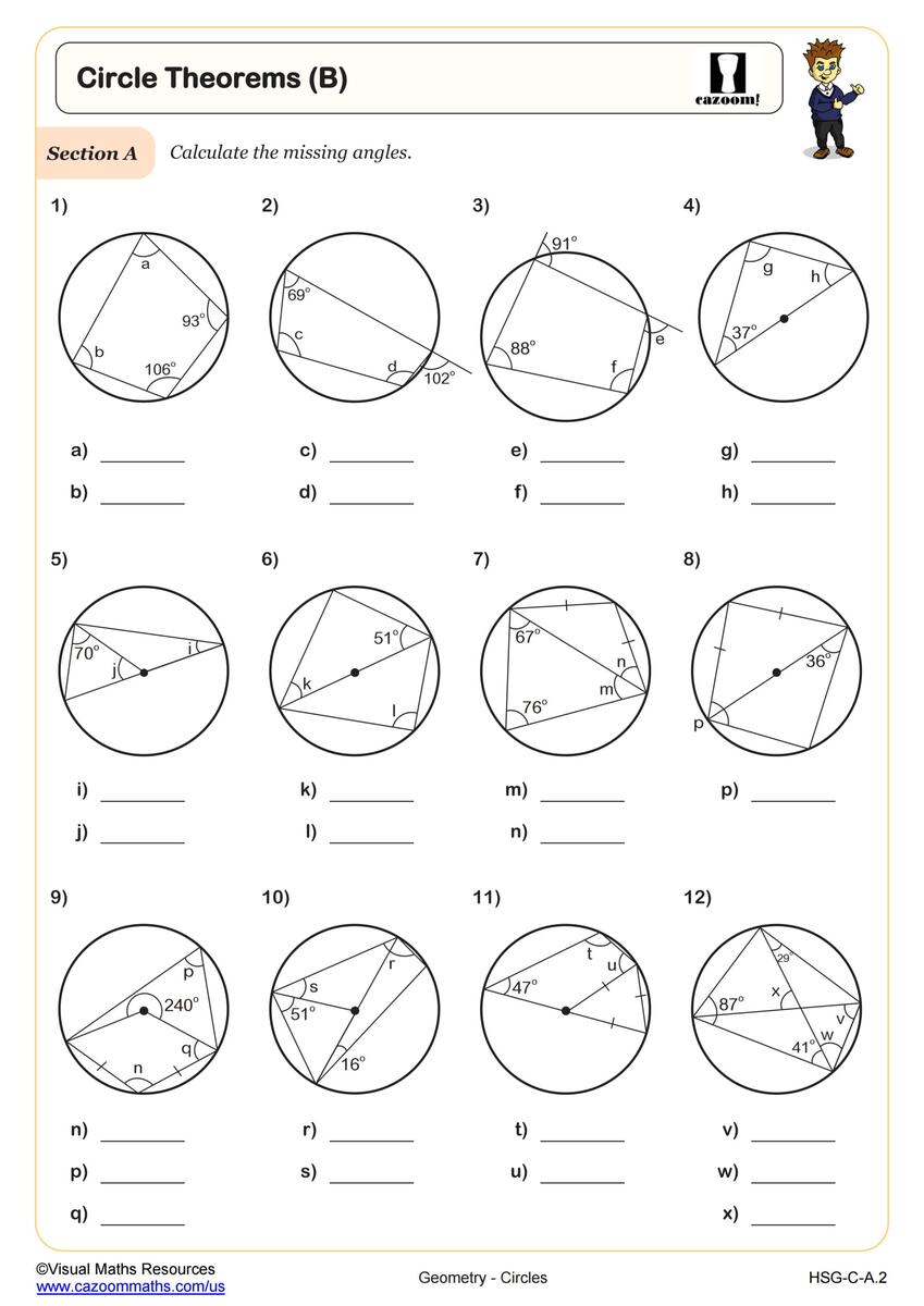Circle Theorems A Worksheet PDF Printable Geometry Worksheet Cazoom Math