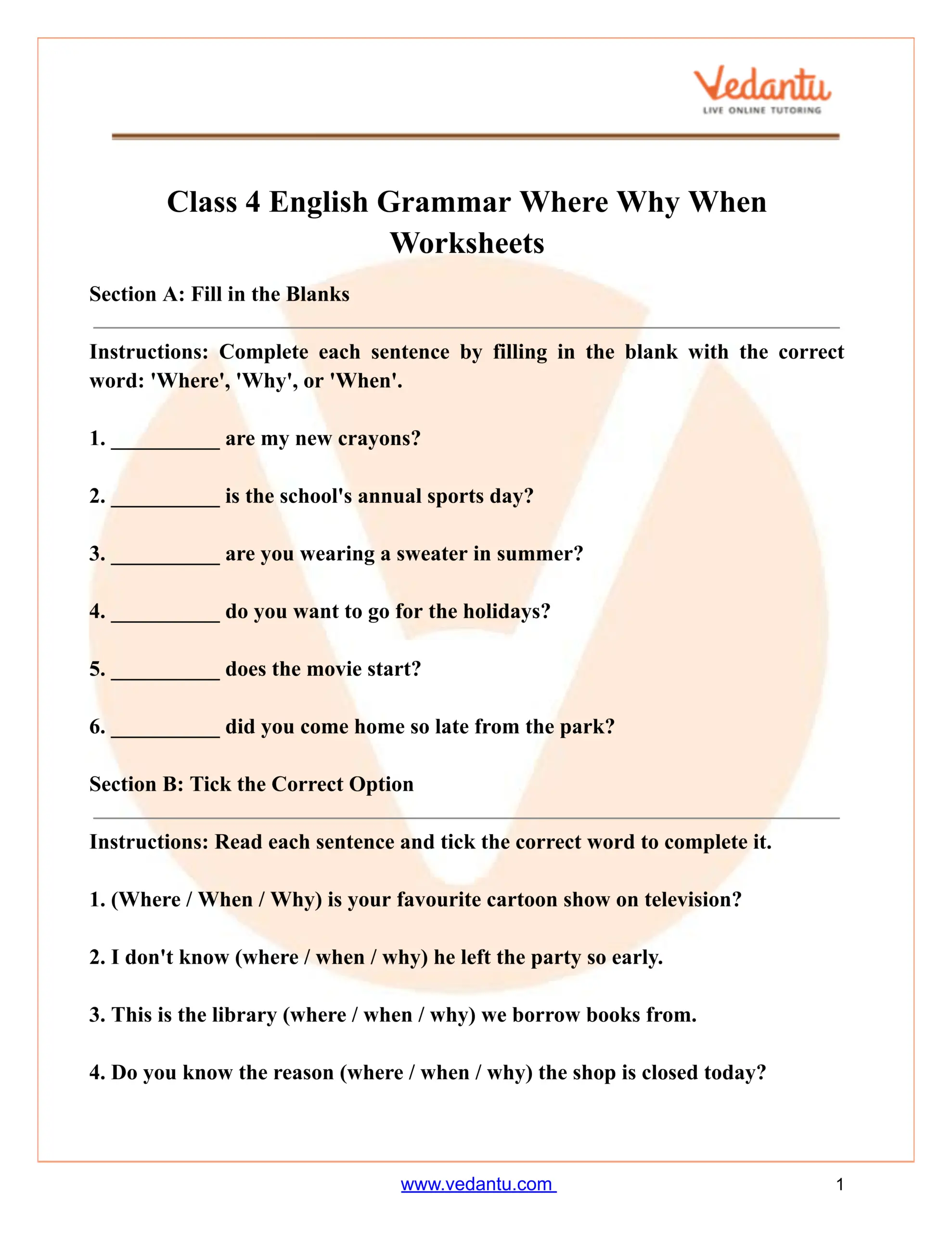 Class 4 English Grammar Worksheet Where Why When Class 4 English Grammar Worksheet Where Why When