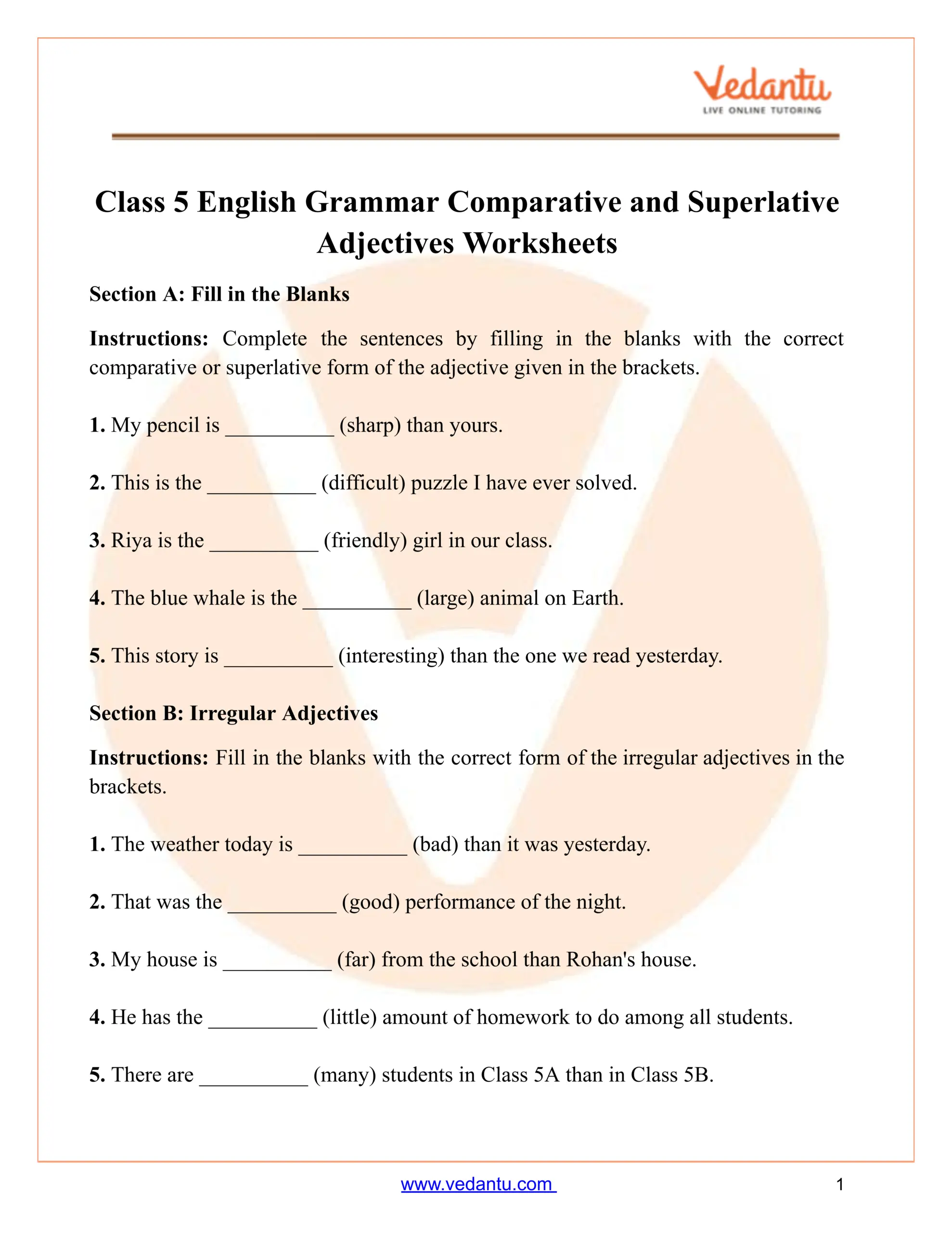 Class 5 Comparative And Superlative Adjectives Worksheet PDF Class 5 Comparative And Superlative Adjectives Worksheet PDF
