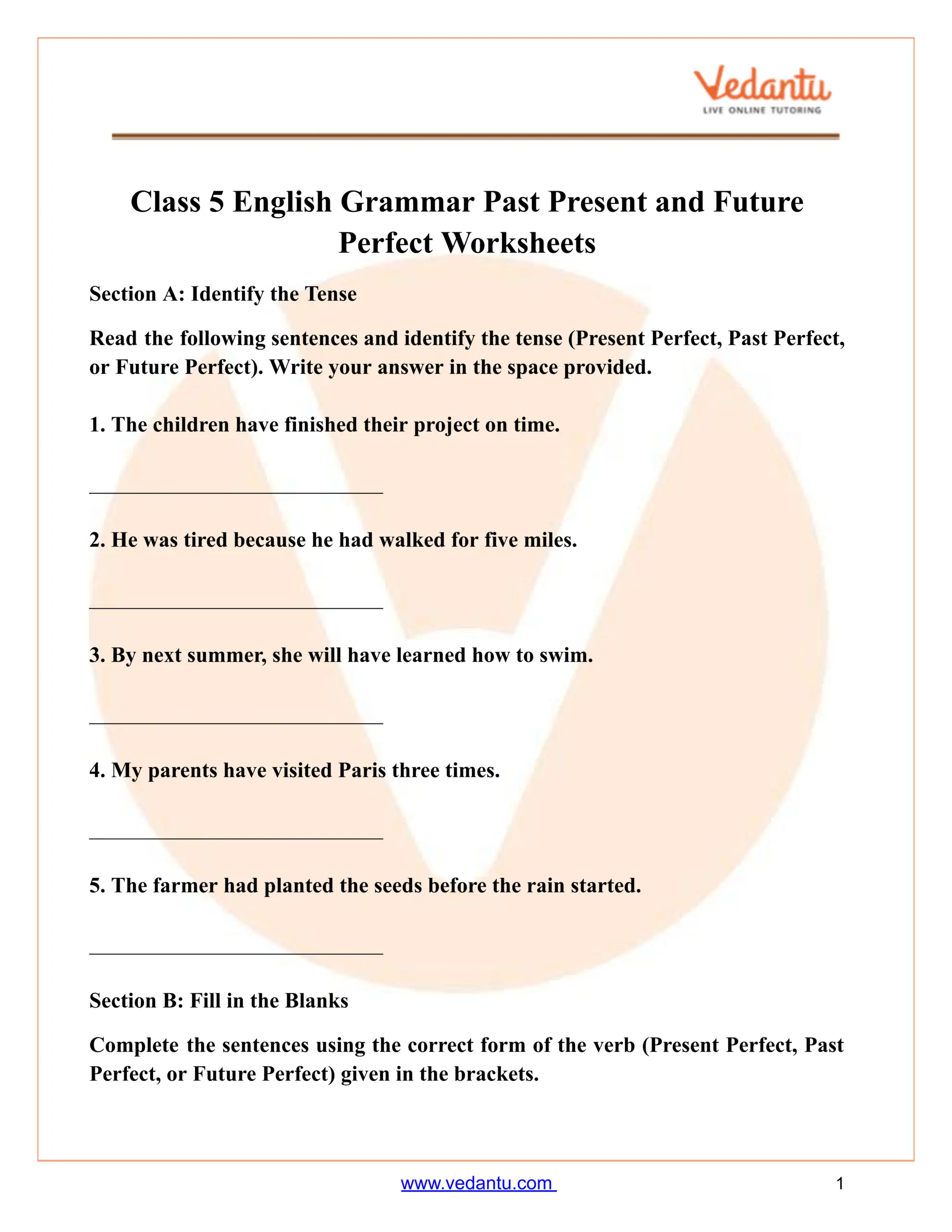 Class 5 English Grammar Past Present And Future Perfect Worksheet