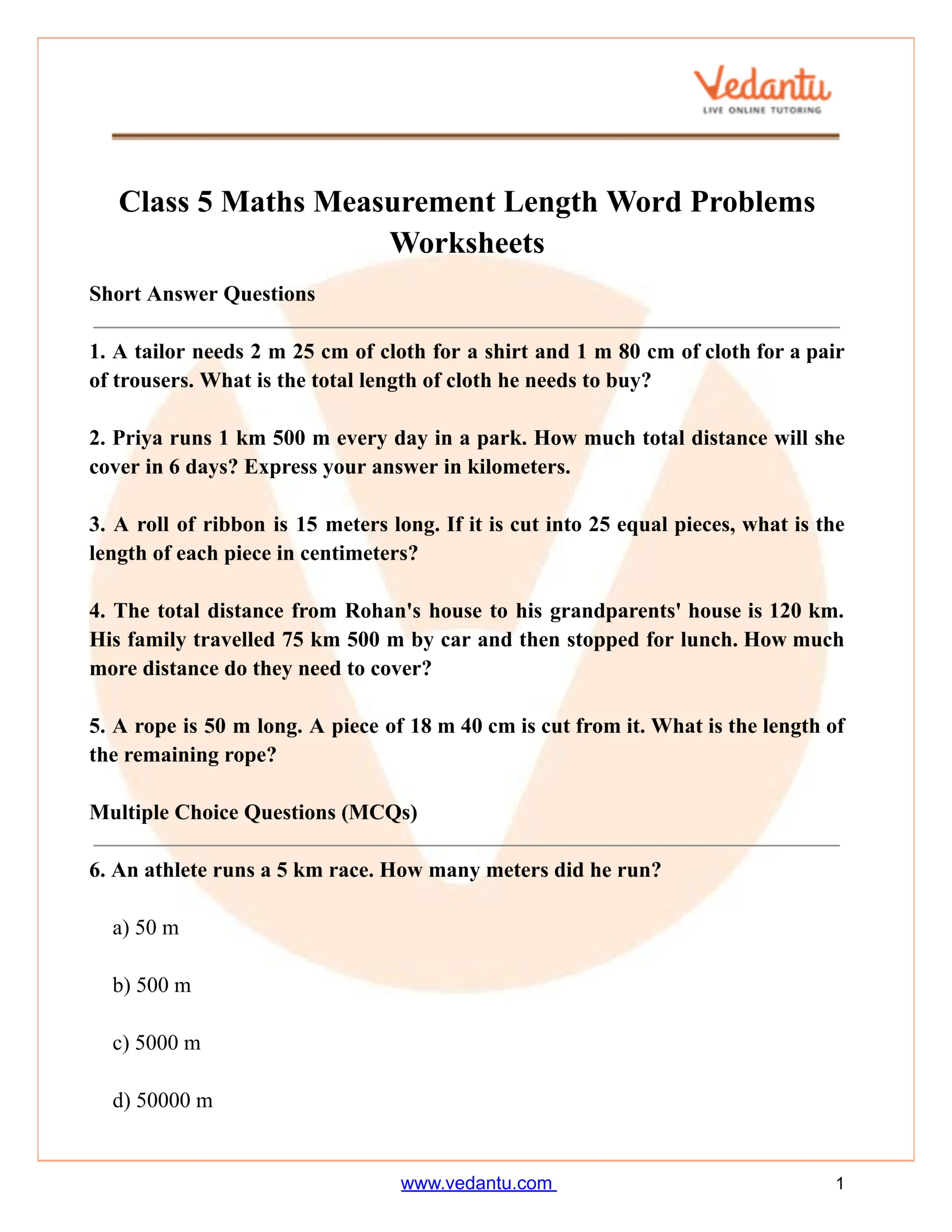 Class 5 Maths Measurement Length Word Problems Worksheet PDF