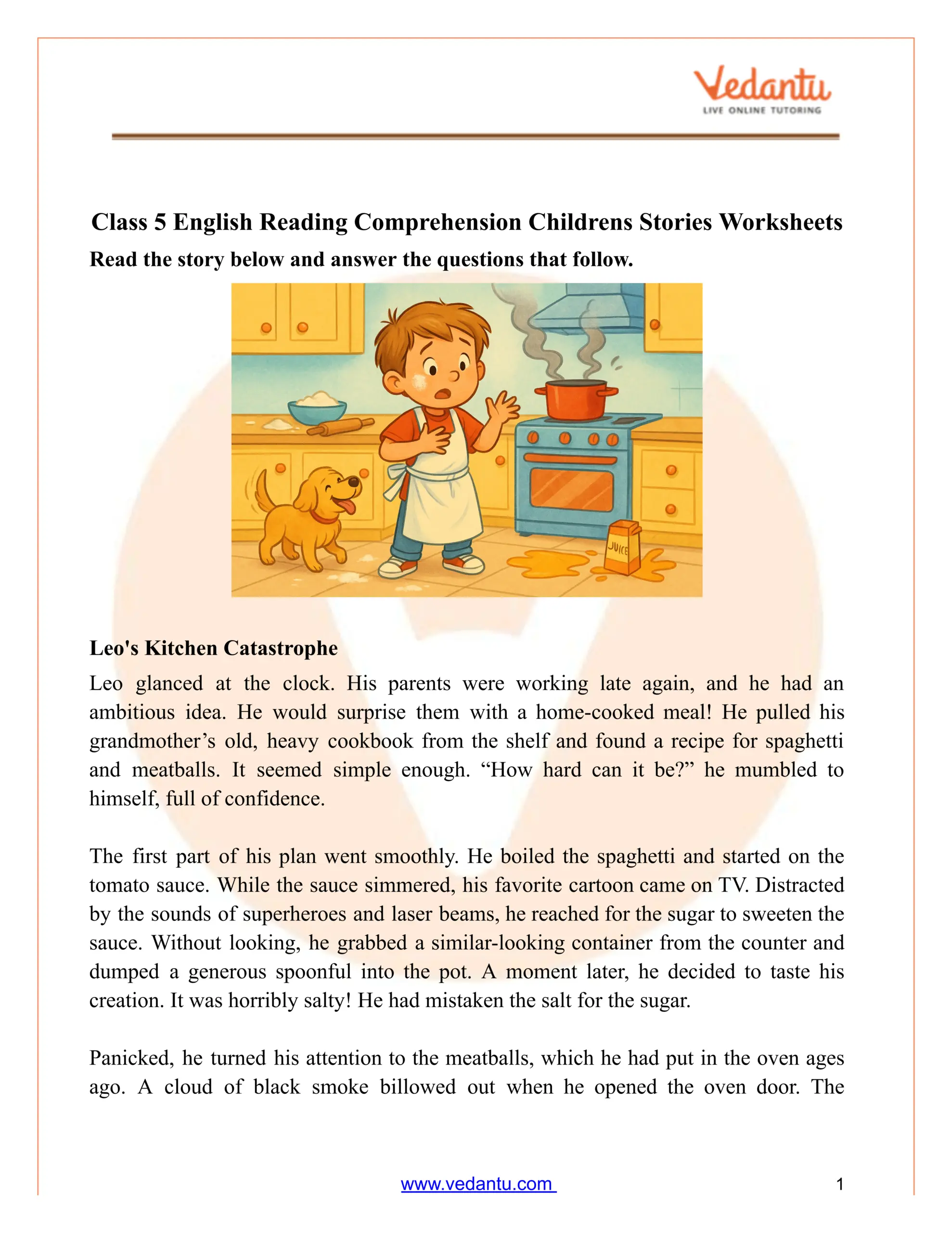 Class 5 Reading Comprehension Children S Story PDF Dinner Disaster