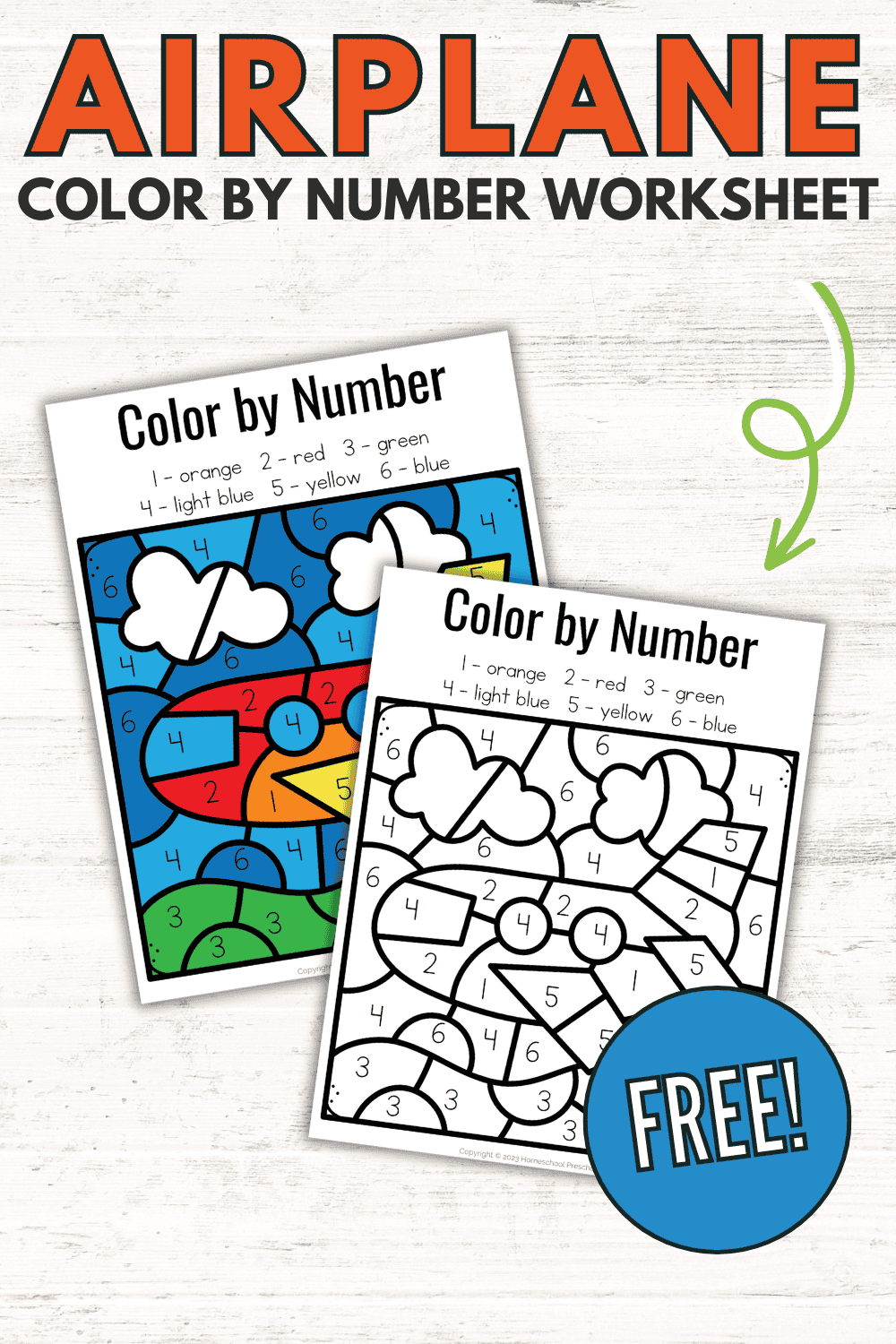 Color By Number Airplane Worksheet For Preschoolers