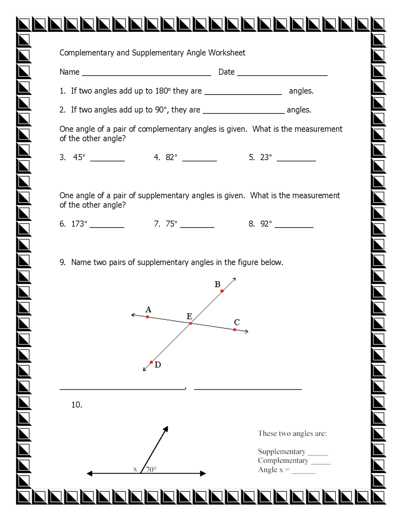 Complementary Supplementary Vertical And Adjacent Angles Worksheets Printable