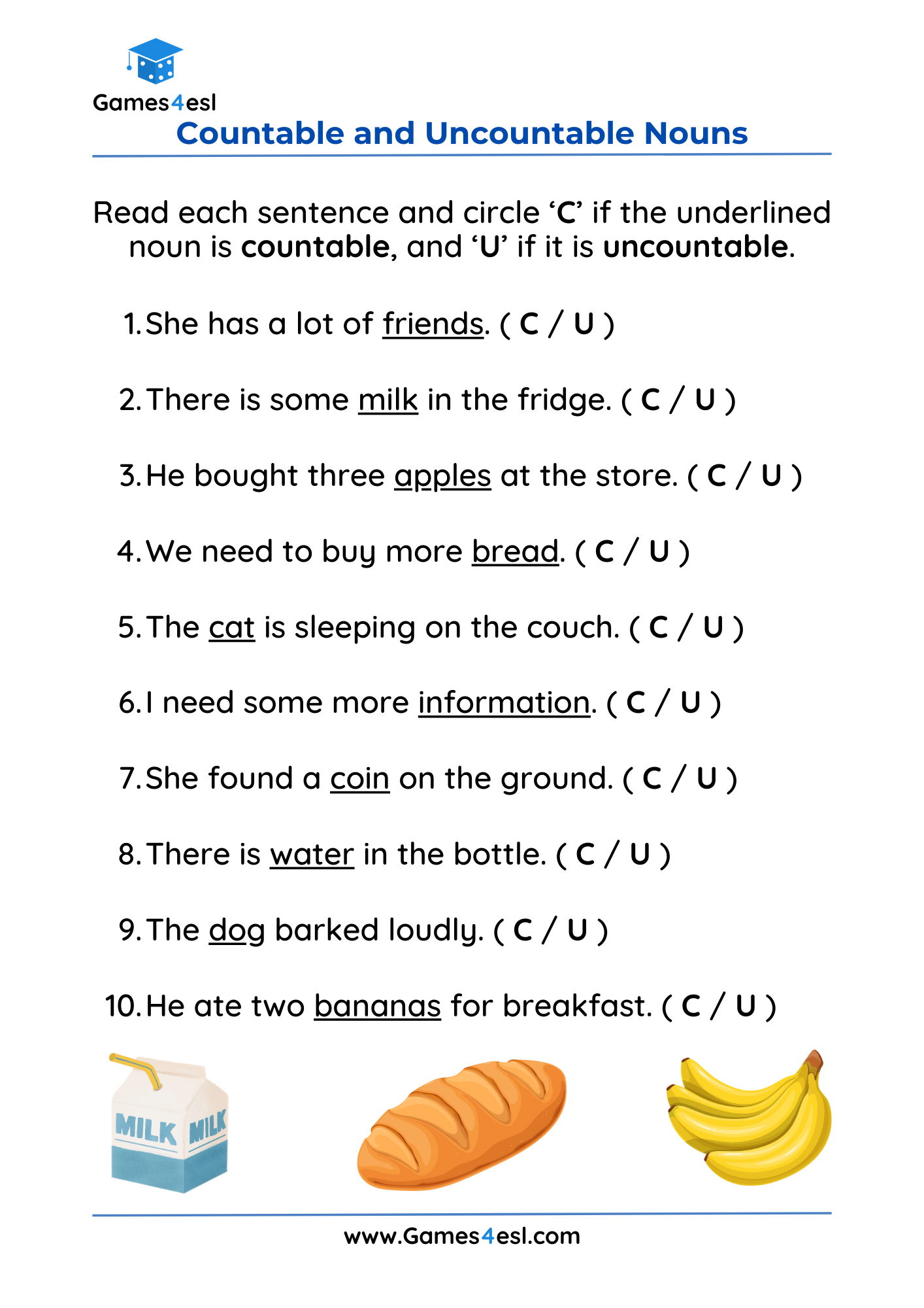 Countable And Uncountable Noun Worksheets For Grade 3 Games4esl