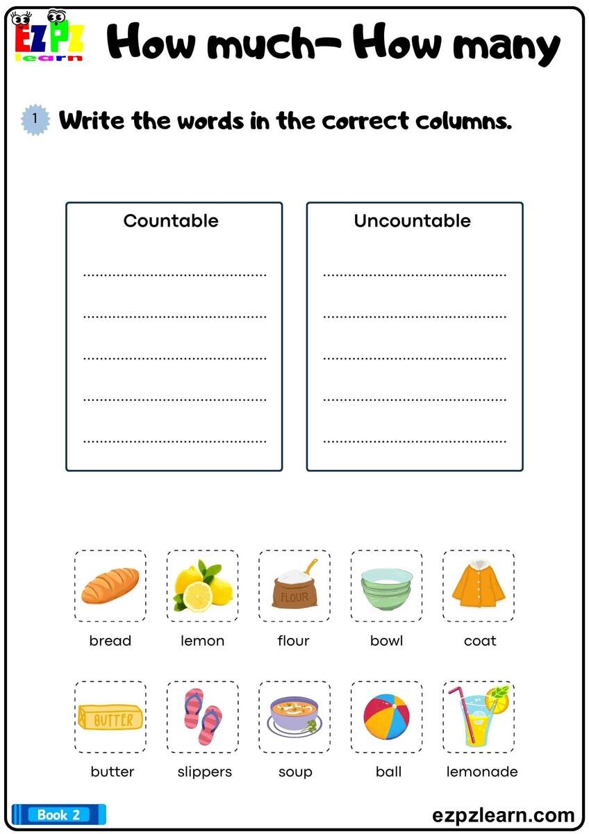 Countable And Uncountable Nouns Write The Words In The Correct Columns Grammar Worksheet Bk2 Printable Pdf Ezpzlearn
