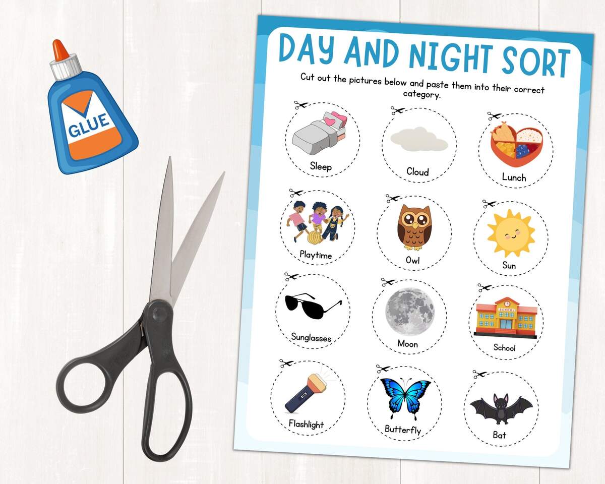 Day And Night Sorting Activity Cut And Paste Day Or Night Printable Worksheet For Kids Preschool Montessori Instant Download PDF Etsy