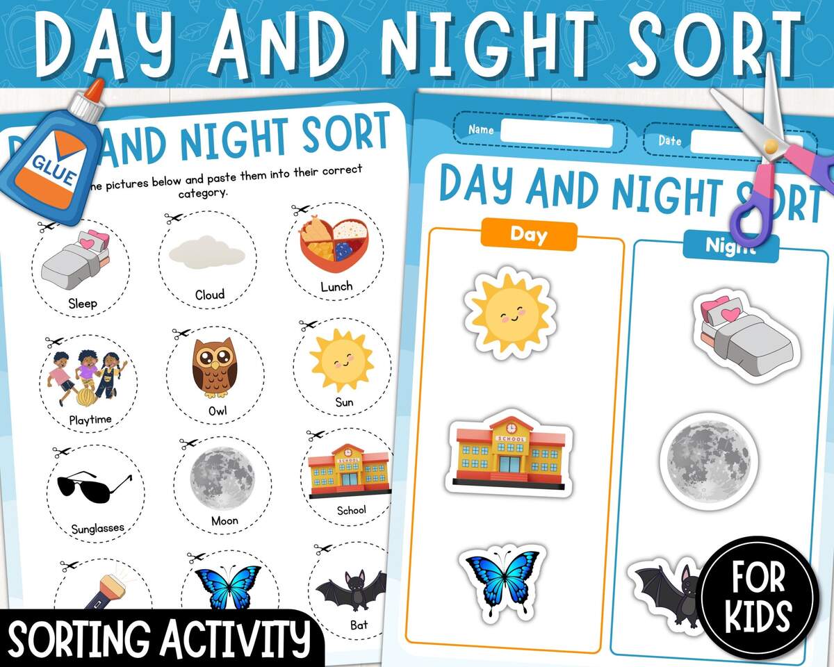 Day And Night Sorting Activity Cut And Paste Day Or Night Printable Worksheet For Kids Preschool Montessori Instant Download PDF Etsy