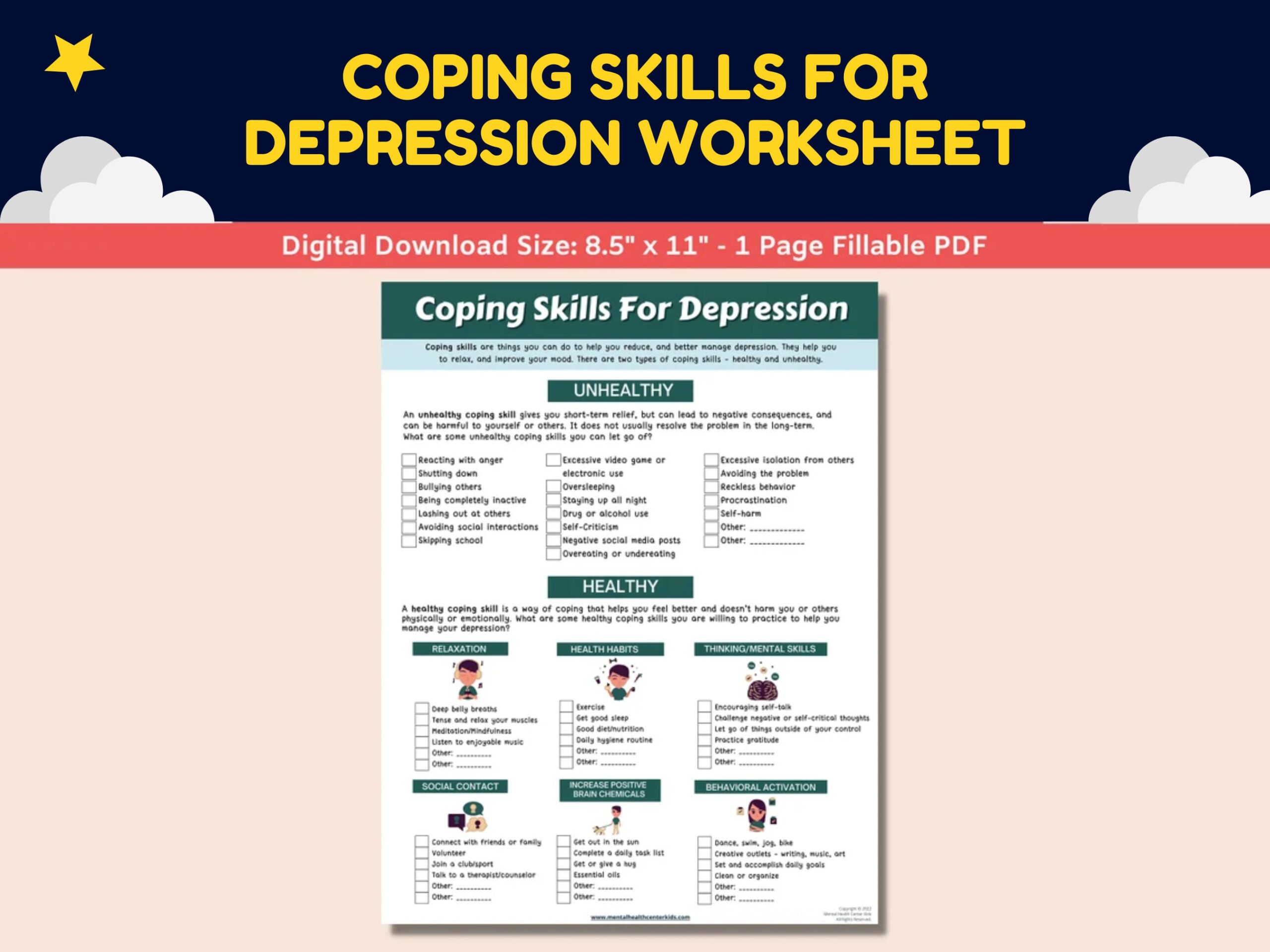 Depression Coping Skills Fillable Worksheet Teens Adolescents Mental Health Printable Therapy Sad Kids Counseling Child Therapist Counselor Etsy Israel Free Depression Therapy Worksheet Download Free Depression Therapy Worksheet Png Images Free Worksheets On Clipart Library